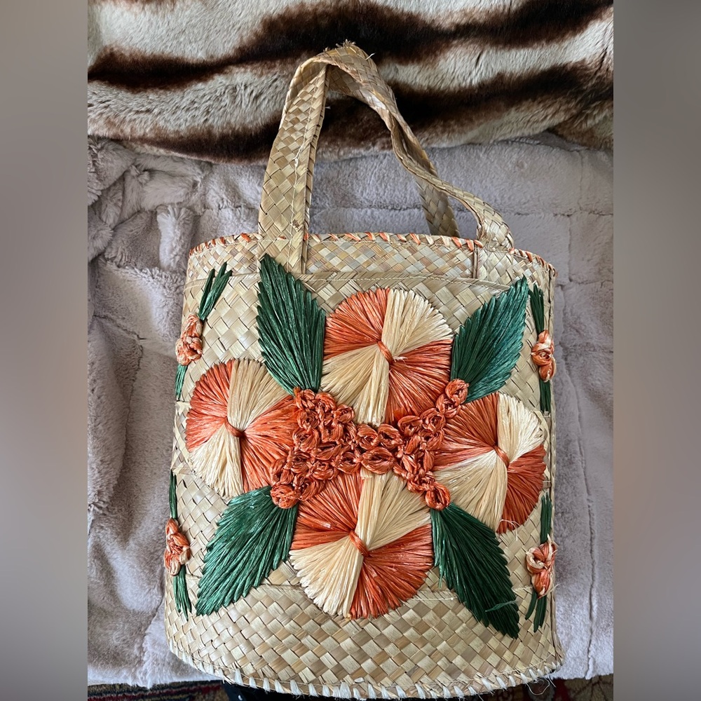 Vintage MCM Bahamian Straw Raffia Lined Tote Bag With Flowers